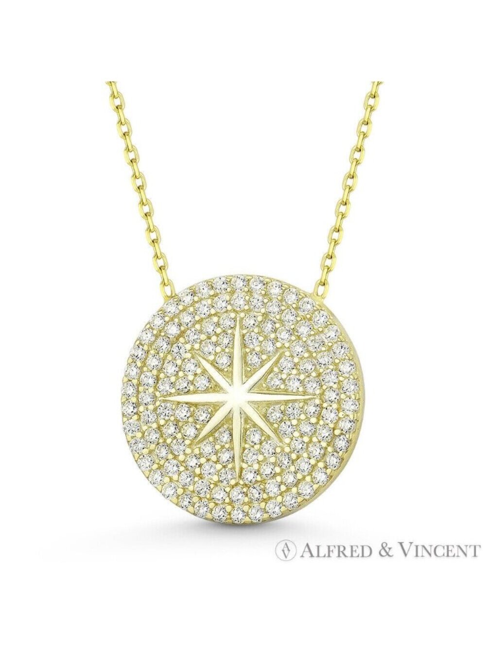 Northstar & Circle Celestial Charm CZ Crystal Pendant in .925 Sterling Silver YG
